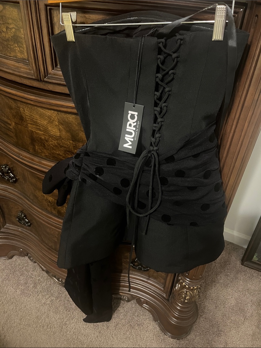 ViVI Black Strapless Mini with Polka Dot Sash Bow